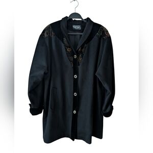 Portrait Velvet Floral Trim Black Vintage 80s Lined Coat Size 2X